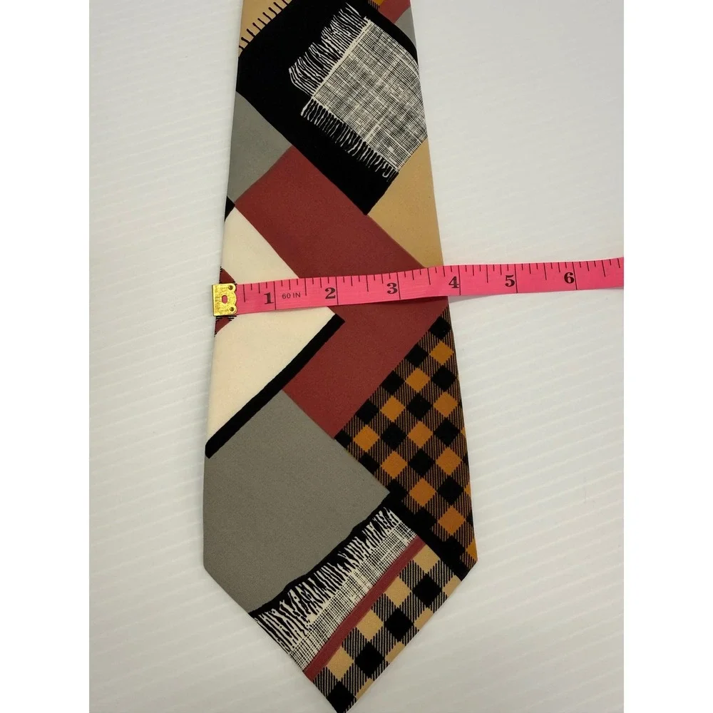 Lords Made in Italy Mens Geometric Patchwork Plaid Silk Tie Burgundy Tan Black